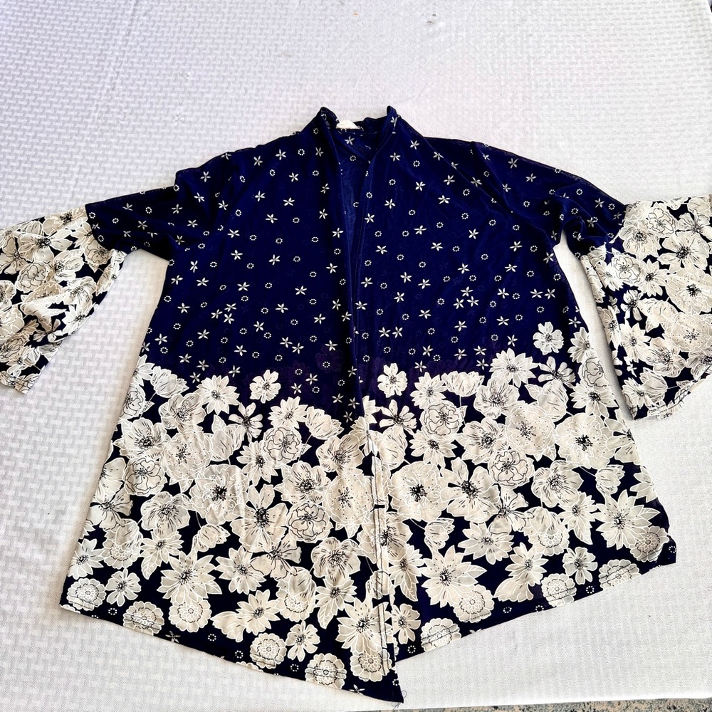 Ember Floral Kimono Cardigan XL Navy Blue Ivory Boho Open Lightweight Duster